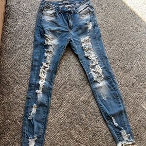 Machine Distressed Blue Skinny Jeans